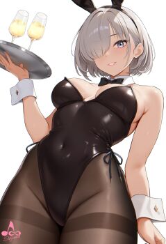 1girl animal_ears black_bow black_bowtie black_leotard bow bowtie breasts brown_pantyhose commentary_request covered_navel cup detached_collar fake_animal_ears from_below grey_hair hair_over_one_eye highres holding holding_tray infinote leotard original pantyhose playboy_bunny rabbit_ears sashou_mihiro_(infinote) short_hair simple_background solo standing strapless strapless_leotard tray white_background white_wrist_cuffs wrist_cuffs