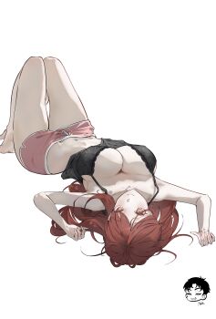 1girl absurdres barefoot black_camisole breasts camisole commentary danny_marx dolphin_shorts english_commentary feet goddess_of_victory:_nikke highres large_breasts long_hair looking_at_viewer lying navel official_alternate_costume on_back pink_shorts rapi_(nikke) rapi_(red_hood)_(cherished_red)_(nikke) rapi_(red_hood)_(nikke) red_eyes red_hair shorts simple_background solo stomach thighs white_background