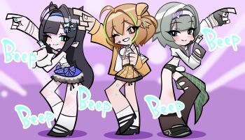 3girls absurdres animal_ears anis_(nikke) anis_(star)_(t.t._star)_(nikke) aqua_eyes black_hair black_shoes black_shorts black_socks black_thighhighs blue_eyes blue_hairband blue_skirt breasts brown_eyes brown_hair brown_jacket cat_ears commentary english_text fishnet_pantyhose fishnets goddess_of_victory:_nikke grey_hair hair_ornament hairband headset highres jacket long_hair long_sleeves medium_hair midriff mint_(nikke) multiple_girls one_eye_closed orange_skirt panty_&amp;_stocking_with_garterbelt pantyhose parody prika_(nikke) shirt shoes shorts single_thighhigh skirt smile socks star-shaped_pupils star_(symbol) style_parody symbol-shaped_pupils t.t._star_(nikke) thighhighs white_hairband white_shirt white_socks yorha_oekaki