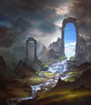 blue_sky cloud commentary day english_commentary fantasy gate grass highres landscape mountain no_humans original outdoors overcast painterly portal_(object) ryan_bittner scenery simple_bird sky stream water