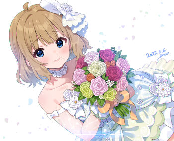 1girl ahoge bare_shoulders blue_eyes blush bouquet bow brown_hair closed_mouth collarbone cowboy_shot dated detached_sleeves dress dutch_angle fishnet_sleeves fishnets flower green_flower green_rose hair_bow highres holding holding_bouquet idolmaster idolmaster_million_live! ima_(lm_ew) layered_dress long_sleeves looking_at_viewer neck_garter pink_flower pink_rose red_flower red_rose rose short_hair signature simple_background smile solo suou_momoko wedding_dress white_background white_bow white_dress