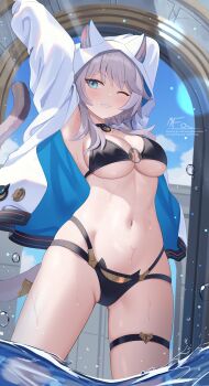 1girl absurdres animal_ears armpits arms_up bikini black_bikini black_choker blue_eyes breasts cat_ears cat_girl cat_tail choker cipher_(honkai:_star_rail) cleavage cowboy_shot ears_through_hood gluteal_fold grey_hair grin hair_over_shoulder highres honkai:_star_rail honkai_(series) hood hood_up hooded_jacket jacket large_breasts long_hair long_sleeves looking_at_viewer mirufuaa mole mole_on_breast multi-strapped_bikini_bottom navel o-ring o-ring_bikini one_eye_closed open_clothes open_jacket skindentation smile solo standing stomach string_bikini swimsuit tail thigh_strap thighs underboob wading water wet white_jacket