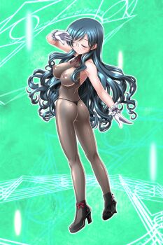 1girl ass blush bodystocking bodysuit breasts closed_eyes covered_erect_nipples game_cg glasses gloves green_background green_hair henshin high_heels highres higuchi_isami large_breasts large_variant_set long_hair magic_circle mahou_shoujo_sae nipples nishijima_shouko non-web_source official_art panties see-through_clothes shoes smile solo thong twisted_torso underwear variant_set