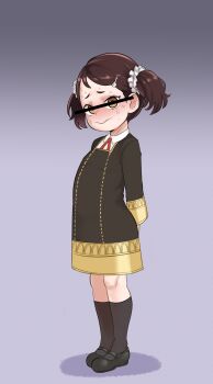 1girl arched_back arms_behind_back becky_blackbell black_dress black_shoes black_socks blush brown_eyes brown_hair censored censored_identity closed_mouth dress embarrassed eyelashes female_focus flat_chest full_body gradient_background ignotoz legs_together loli long_sleeves matching_hair/eyes medium_hair neck_ribbon nervous purple_background red_ribbon ribbon scared shoes short_twintails socks solo spy_x_family standing sweat twintails