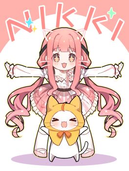 >_< +_+ 1girl absurdres ahoge animal animal_ears belt black_belt black_ribbon blunt_bangs bow bow_choker bowtie bra_strap brown_eyes buttons cat cat_ears center_frills character_name cherilynorz chibi chinese_commentary choker circle_skirt cloak clothed_animal commentary_request drawn_ears drawn_whiskers ear_covers eyelashes frilled_shirt frilled_skirt frilled_sleeves frills full_body hair_ribbon happy highres hood hood_up hooded_cloak infinity_nikki kneehighs layered_skirt leaning_forward light_blush long_hair long_sidelocks long_sleeves low_twintails mary_janes medium_skirt momo_(nikki) nikki_(nikki) nikki_(series) off-shoulder_shirt off_shoulder open_mouth orange_bow orange_bowtie outline outstretched_arms perfect_start_(infinity_nikki) pink_background pink_bow pink_bowtie pink_choker pink_hair pink_shoes pink_skirt pleated_skirt print_skirt puffy_long_sleeves puffy_sleeves ribbon shadow shirt shoes sidelocks single_stripe skirt sleeves_past_wrists smile snowflake_print snowflakes socks sparkle sparkling_eyes straight-on striped_bow striped_bowtie striped_choker striped_clothes tareme tress_ribbon twintails two-tone_background variant_set very_long_hair wavy_hair whiskers white_background white_cat white_shirt white_skirt white_socks yellow_cloak yellow_outline