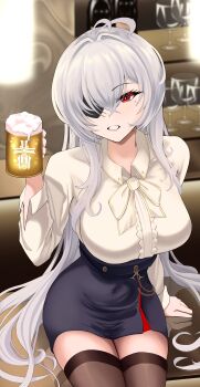 absurdres alcohol alternate_costume antenna_hair azur_lane bangs_over_one_eye beer beer_mug bottle breasts collared_shirt cup drinking_glass eyelashes eyeliner eyepatch fritz_rumey_(azur_lane) hair_over_eyes highres ironblood_symbol kasai large_breasts long_hair makeup mole mole_under_eye mug red_eyes shirt sidelocks sitting skirt smile teeth thighhighs very_long_hair white_hair zettai_ryouiki