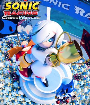 3d absurdres bald blue_eyes carrying carrying_person chaos_(sonic) dr._eggman dress facial_hair hair_over_one_eye highres long_mustache long_sleeves metal_sonic mustache no official_art sage_(sonic) short_hair smile sonic_(series) sonic_racing:_crossworlds tagme white_dress white_hair