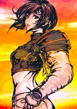 1girl armor black_hair breasts chest_strap crop_top final_fantasy final_fantasy_vii hand_on_own_hip light_smile looking_at_viewer maid_headdress medium_breasts midriff oeilvert_fft pauldrons short_hair shoulder_armor single_arm_guard single_pauldron sleeveless sleeveless_turtleneck solo sunset turtleneck upper_body yuffie_kisaragi