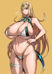 Rule 34 | 1girl, adapted costume, alternate breast size, armpits, bare shoulders, blonde hair, breasts, hand on own hip, huge breasts, long hair, mythra (radiant beach) (xenoblade), mythra (xenoblade), navel, smile, swimsuit, thighs, thong, wolffeld price, xenoblade chronicles (series), xenoblade chronicles 2, yellow background, yellow eyes