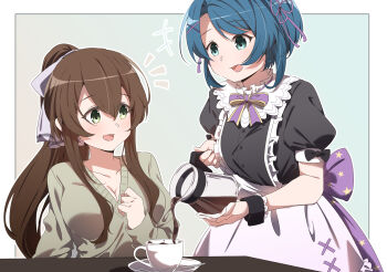 2girls :d aizawa_kazuha alternate_costume apron aqua_background aqua_eyes assault_lily back_bow black_shirt blouse blue_hair blush border bow breasts brown_hair buttons cleavage coffee coffee_pot collarbone commentary_request commission cosplay cup enmaided frilled_apron frilled_shirt_collar frills gradient_background green_eyes green_sweater grey_bow hair_between_eyes hair_bow hair_ornament hair_ribbon hand_up hands_up highres holding holding_pot large_breasts long_hair long_sleeves looking_at_another looking_away looking_down maid miriam_hildegard_von_gropius miriam_hildegard_von_gropius_(cosplay) multiple_girls musihara napkin neck_ribbon notice_lines open_mouth outline outside_border ponytail pot pouring print_bow puffy_short_sleeves puffy_sleeves purple_bow purple_ribbon ribbon saucer serizawa_chikaru shirt short_hair short_sleeves sidelocks sitting skeb_commission sleeves_past_wrists smile spoon star_(symbol) star_print sweater swept_bangs table teacup white_apron white_border white_outline wrist_cuffs x_hair_ornament