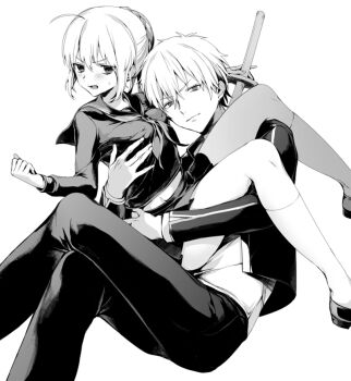 1boy 1girl ahoge angry artoria_pendragon_(fate) blush braid breasts bun_with_braided_base capsule_servant carrying cheek-to-breast clenched_hand closed_mouth commentary_request crossed_legs embarrassed face_to_breasts fate/stay_night fate_(series) feet_out_of_frame gilgamesh_(fate) gilgamesh_(immoral_biker_jacket)_(fate) grabbing_another's_breast greyscale groping hair_bun hand_on_another's_chest hetero holding holding_sword holding_weapon invisible_chair jacket katana kneehighs long_sleeves looking_at_viewer master_artoria medium_breasts midriff_peek miniskirt molestation monochrome open_clothes open_jacket pants pleated_skirt princess_carry saber_(fate) sailor_collar sailor_shirt school_uniform serafuku shirt shoes short_hair sidelocks siiqa_vivi simple_background single_hair_bun sitting skirt socks spread_legs sweatdrop sword thighs turning_head updo v-shaped_eyebrows very_short_hair weapon white_background winter_uniform