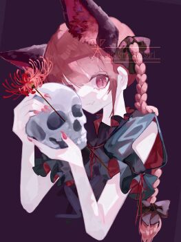 1girl :3 animal_ear_fluff animal_ears bone bow braid cat_ears clothing_cutout dark_background extra_ears fang fingernails flower hair_bow highres holding holding_flower holding_skull kaenbyou_rin long_fingernails long_hair puffy_short_sleeves puffy_sleeves red_eyes red_flower red_hair red_nails rice_(user_ajpf5282) sharp_fingernails short_sleeves shoulder_cutout signature skin_fang skull slit_pupils solo spider_lily touhou watermark