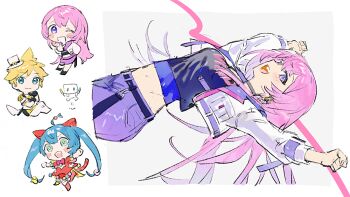 1boy 2girls ahoge animal_ears aqua_eyes arms_up belt black_choker black_gloves blonde_hair blue_belt blue_hair blue_tank_top blush_stickers bow bowtie breast_pocket breasts cat_ears cat_tail chibi chibi_inset choker clothes_writing clothing_cutout contrapposto cowboy_shot crop_top crop_top_overhang cropped_jacket crossed_legs dress earrings epaulettes fangs fringe_trim from_side gloves green_eyes hair_between_eyes hair_ornament hand_on_own_hip hand_up happy hat hat_ornament hatsune_miku heart heart_ahoge hip_bones hoop_earrings jacket jewelry kagamine_len lapels light_blush long_hair looking_at_viewer medium_breasts megurine_luka midriff mini_hat mini_top_hat more_more_jump!_(project_sekai) more_more_jump!_len multiple_girls navel no_nose notched_lapels one_eye_closed open_mouth outstretched_arms pants parted_bangs pink_hair pocket pom_pom_(clothes) pom_pom_hair_ornament project_sekai purple_eyes purple_shorts red_bow red_bowtie red_dress short_dress shorts sidelocks simple_background smile sparkling_eyes spread_arms standing standing_on_one_leg star_(symbol) star_cutout star_hat_ornament straight_hair streamers tail tank_top teeth thighhighs tnka_3 top_hat twintails upper_teeth_only v very_long_hair vivid_bad_squad_(project_sekai) vivid_bad_squad_luka vocaloid white_background white_jacket white_pants wide-eyed wonderlands_x_showtime_(project_sekai) wonderlands_x_showtime_miku