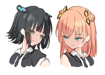 2girls 5th_live_tour_~4pair_power_spread!!!!~ :| alt_text atarayo_hanabi bare_shoulders black_hair black_jacket black_necktie closed_mouth collared_shirt commentary_request double_bun expressionless eye_contact glaring hair_bun hanazora_satsuki hinoshita_kaho i_do_me!_(love_live!) jacket link!_like!_love_live! long_sleeves looking_at_another love_live! medium_hair momose_ginko multiple_girls necktie official_alternate_costume open_clothes open_jacket orange_hair parted_lips shirt short_hair sleeveless sleeveless_jacket virtual_youtuber white_shirt