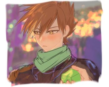 1boy blue_oak blurry blurry_background blush closed_mouth commentary green_scarf hair_between_eyes holding looking_to_the_side mofumofuyarou nintendo orange_hair pokemon scarf solo spiked_hair symbol-only_commentary yellow_eyes