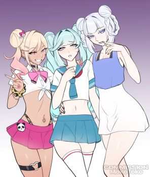 3boys blonde_hair blue_hair blush bow bowtie bracelet bulge choker commentary commission cropped_shirt double_bun dress earrings english_commentary fingernails gradient_background gradient_hair grey_hair grin gyaru hair_bun highres jewelry long_fingernails looking_at_viewer microskirt midriff mokotoko9 multicolored_hair multiple_boys navel navel_piercing original piercing pink_eyes pink_hair purple_background purple_eyes skindentation skirt smile teeth thigh_strap thighhighs trap twintails v white_background