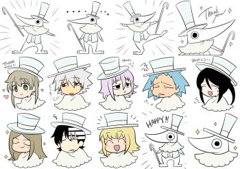 beak black_star cane cosplay crona_(soul_eater) death_the_kid elizabeth_thompson english_text excalibur_(soul_eater) hat highres holding holding_cane maka_albarn multiple_boys multiple_girls nakatsukasa_tsubaki patricia_thompson siosomurie soul_eater soul_evans top_hat white_background