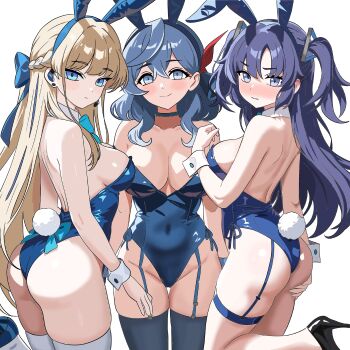 3girls absurdres ako_(blue_archive) alternate_costume animal_ears aqua_bow ass blue_archive blue_hairband blue_halo blue_leotard bow braid commission detached_collar earpiece fake_animal_ears fake_tail garter_straps gubee hairband half_up_braid halo highleg highleg_leotard highres leotard long_hair looking_at_viewer multiple_girls official_alternate_costume pixiv_commission playboy_bunny purple_eyes purple_hair rabbit_ears rabbit_tail standing standing_on_one_leg strapless strapless_leotard tail toki_(blue_archive) toki_(bunny)_(blue_archive) white_wrist_cuffs wrist_cuffs yuuka_(blue_archive)
