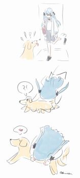 1girl absurdres animalization bang_dream! bang_dream!_it&#039;s_mygo!!!!! blue_hair commentary_request dog falling grey_skirt heart highres long_hair lying misumi_uika on_stomach shirt simple_background skirt spoken_heart togawa_sakiko tomare_(akashingou) white_background white_shirt yellow_eyes