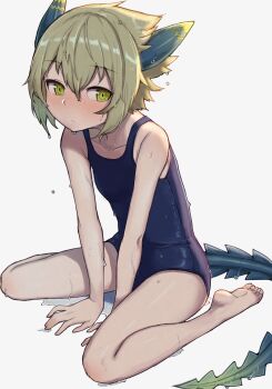 1girl absurdres bare_legs barefoot between_legs black_horns blonde_hair blue_one-piece_swimsuit blush bouhuman collarbone commentary_request coral_(summon_night) dragon_girl dragon_horns dragon_tail flat_chest hair_between_eyes hand_between_legs highres horns looking_to_the_side multicolored_horns one-piece_swimsuit school_swimsuit simple_background sitting solo summon_night summon_night_4 swimsuit tail two-tone_horns wariza wet white_background yellow_eyes yellow_horns