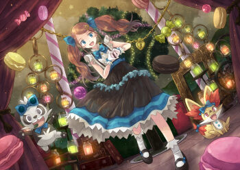 1girl alternate_costume alternate_hairstyle blue_eyes bow bowtie brown_hair candy clothed_pokemon curtains dress female_focus fennekin food gen_6_pokemon gloves hair_ornament hairclip heart heart_hands long_dress long_hair mary_janes nintendo open_mouth pancham pokemon pokemon_(anime) pokemon_(creature) serena_(pokemon) shoes stage tree twintails white_gloves yakka
