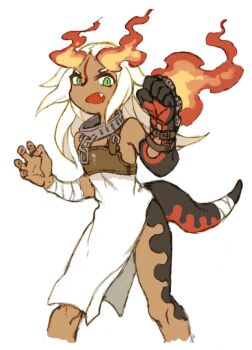 1girl arm_belt bandaged_arm bandaged_tail bandages bare_shoulders black_gloves clenched_hand collar cropped_legs dress fang feet_out_of_frame flaming_hand gloves green_eyes hands_up koki08186863 lizard_tail long_hair looking_at_viewer metal_collar open_mouth original simple_background single_glove sleeveless sleeveless_dress solo tail white_dress white_hair