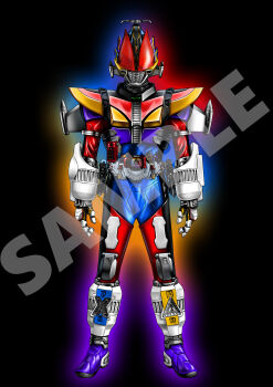 Rule 34 | 1boy, absurdres, armor, astro switch, barizun sword, belt, compound eyes, cosmic switch, den-o belt, full armor, full body, fusion, helmet, highres, k-taros, kamen rider, kamen rider den-o, kamen rider den-o (liner form), kamen rider den-o (series), kamen rider fourze, kamen rider fourze (cosmic states), kamen rider fourze (series), looking at viewer, male focus, mask, neofrontier, red eyes, rider belt, shoulder armor, solo, standing, switches, tokusatsu