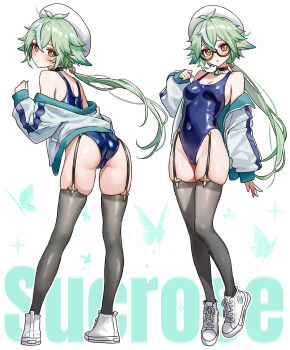1girl alternate_costume animal_ears ass bare_shoulders blush breasts cameltoe from_behind garter_straps genshin_impact green_hair hat leaning leaning_forward long_hair looking_at_viewer looking_back low_ponytail one-piece_swimsuit ponytail sideboob solo sucrose_(genshin_impact) swimsuit umamipesto very_long_hair