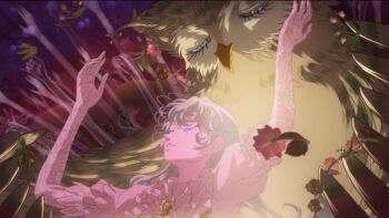 1girl animal animated animated_png arms_up bird blonde_hair blue_eyes brooch dress elbow_gloves floating flower frills gloves hug huge_filesize inevitable_world_shift jewelry long_hair md5_mismatch minase_souya owl resolution_mismatch solo_focus source_larger ugoira wavy_hair