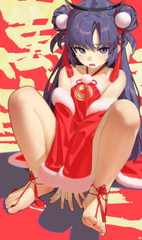 1girl absurdres alternate_costume arms_between_legs barefoot blue_archive chinese_knot commentary_request detached_sleeves double_bun feet hair_bun hair_ornament halo halterneck highres long_hair looking_at_viewer lower_teeth_only open_mouth purple_eyes purple_hair red_sleeves solo songchuan_li tassel tassel_hair_ornament teeth text_background white_trim yuuka_(blue_archive)