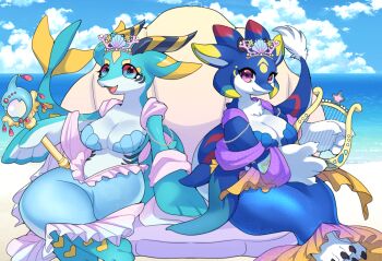 2girls animal_feet animal_hands beach bikini blue_eyes blue_skin breasts cleavage colored_skin commentary_request fins fish_tail furry furry_female holding holding_instrument holding_lyre holding_staff horns instrument large_breasts looking_at_viewer lyre multicolored_eyes multiple_girls ocean open_mouth original outdoors pink_eyes sand shell shell_bikini sitting sky smile staff swimsuit tail tiara water zakro