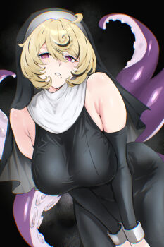 1girl bare_shoulders black_dress black_veil blonde_hair blush breasts dress ei_(eiei_e1) highres large_breasts long_sleeves looking_at_viewer monster_girl nun parted_lips purple_eyes scylla short_hair solo tentacle_girl tentacle_tail tentacles veil yidhari_murphy zenless_zone_zero