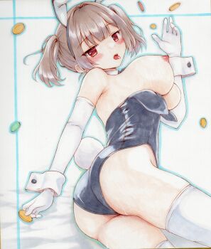 1girl absurdres animal_ear_hairband animal_ears armpit_crease ass black_hairband black_leotard breasts breasts_out brown_hair choppy_bangs coin commentary_request cowboy_shot elbow_gloves fake_animal_ears from_side gloves hair_intakes hairband hand_up highres holding holding_coin kzfibkpon688647 large_breasts leotard looking_at_viewer looking_to_the_side marker_(medium) nipples open_mouth original playboy_bunny rabbit_ear_hairband rabbit_ears red_eyes short_hair simple_background solo strapless strapless_leotard sweat thighhighs tongue tongue_out traditional_media twintails white_background white_gloves white_thighhighs white_wrist_cuffs wrist_cuffs