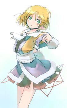 1girl arm_warmers blonde_hair blue_background blue_skirt brown_shirt commentary_request feet_out_of_frame green_eyes hand_up light_blush miniskirt mizuhashi_parsee neckerchief one-hour_drawing_challenge open_mouth pointy_ears rangycrow red_ribbon red_skirt ribbon shirt short_hair sideways_glance skirt solo touhou white_neckerchief