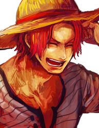 Rule 34 | 1boy, aged down, child, closed eyes, hat, laughing, male focus, one piece, open mouth, red hair, shanks (one piece), shirt, short hair, simple background, smile, solo, straw hat, teeth, third-party source, tsuyomaru, white background