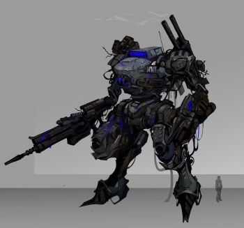 Rule 34 | armored core, armored core vi: fires of rubicon, atomicjest, gun, highres, holding, holding gun, holding weapon, joints, machinery, mecha, mecha focus, mechanical arms, mechanical hands, mechanical legs, reverse-jointed legs, robot, robot joints, science fiction, shoulder cannon, simple background, weapon