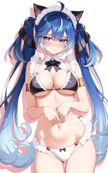 1girl 4ddd absurdres ahoge alternate_costume animal_ear_fluff animal_ears armlet averting_eyes bare_shoulders bikini black_bikini black_bra blue_eyes blue_hair blush bra breasts cat_ears closed_mouth commentary cowboy_shot english_commentary gradient_hair groin hair_belt highres iuno_(wuthering_waves) jewelry kemonomimi_mode large_breasts long_hair looking_at_viewer looking_to_the_side maid maid_bikini maid_headdress mismatched_bikini multicolored_hair navel simple_background skindentation solo stomach streaked_hair swimsuit thighs twintails unconventional_maid underwear very_long_hair white_background white_bikini wuthering_waves