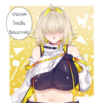 1girl ahoge aoichan_77 black_gloves black_sports_bra blonde_hair breasts clothing_cutout crop_top cropped_sweater elegg_(nikke) gloves goddess_of_victory:_nikke hair_intakes hair_over_eyes highres large_breasts long_bangs long_sleeves looking_at_viewer multicolored_gloves multicolored_hair navel olo short_hair shorts shoulder_cutout sports_bra suspender_shorts suspenders sweat sweater two-tone_hair yellow_gloves