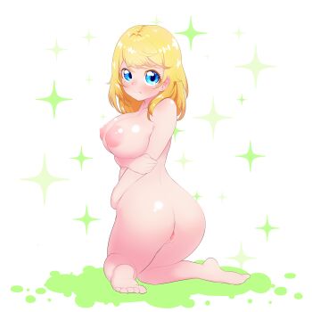 1girl absurdres ass blonde_hair blue_eyes breasts completely_nude curly_hair highres huge_ass large_breasts medium_hair monster_strike mukakin:zero nightingale_(monster_strike) nude pussy smile solo