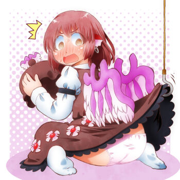 1girl @_@ animal_ear_piercing animal_ears ass bird_ears blush brown_dress brown_eyes brown_hat clothes_lift commentary_request dress dress_lift earrings hat holding holding_unworn_clothes holding_unworn_hat hook hoop_earrings jewelry long_sleeves matty_(zuwzi) mystia_lorelei open_mouth panties pink_hair pink_panties shirt sitting socks solo sweat touhou underwear unworn_hat unworn_headwear white_shirt white_socks winged_hat wings