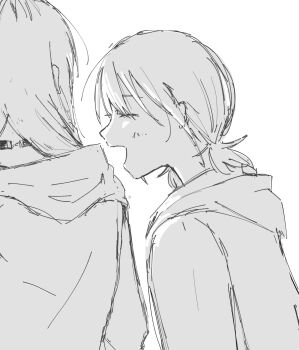 Rule 34 | 2girls, blush, choker, closed eyes, commentary request, girls band cry, grcr pometa1118, greyscale, highres, hood, hood down, iseri nina, kawaragi momoka, low twintails, male focus, monochrome, multicolored hair, multiple girls, open mouth, roots (hair), short hair, short twintails, simple background, twintails, upper body, white background