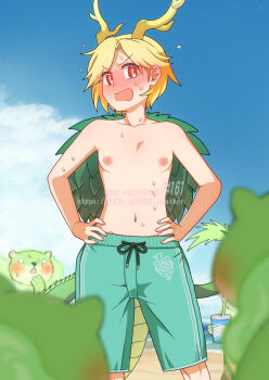 1girl antlers beach blonde_hair blue_sky blue_swim_trunks blush bon_(rump) breasts cloud commentary_request commission cowboy_shot embarrassed fingerless_gloves gloves hands_on_own_hips highres horns kicchou_yachie looking_at_viewer male_swimwear_challenge navel nipples open_mouth otter otter_spirit_(touhou) outdoors red_eyes short_hair skeb_commission sky small_breasts solo sweat topless_female touhou turtle_shell