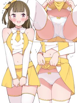 1girl blush bow bow_panties breasts brown_hair cameltoe clothes_lift commission commissioner_upload covering_crotch covering_privates detached_sleeves hair_bow highres kachimachi_kosuzu lifting_own_clothes liz_(piyoko_piyop) love_live! love_live!_hasu_no_sora_jogakuin_school_idol_club medium_breasts midriff miniskirt multiple_views navel necktie non-web_source one_side_up panties partially_visible_vulva pink_eyes pleated_skirt proof_(love_live!) pulling_own_clothes shirt side_ponytail skeb_commission skirt skirt_lift sleeveless sleeveless_shirt thighhighs underwear virtual_youtuber white_panties white_thighhighs yellow_bow yellow_shirt yellow_skirt zettai_ryouiki