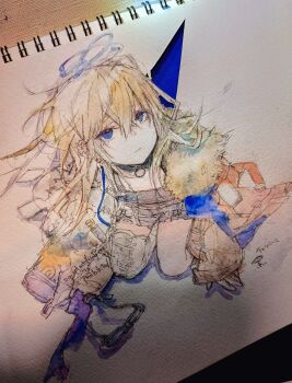 1girl arknights asymmetrical_legwear blonde_hair blue_eyes blue_halo character_name commentary detached_collar double_halo dress expressionless from_above fur-trimmed_jacket fur_trim halo highres jacket kneeling looking_at_viewer mole mole_under_eye nru1k painting_(medium) photo_(medium) shirt short_shorts shorts sleeveless sleeveless_shirt sleeves_past_wrists solo spot_color traditional_media unworn_eyewear vannini_(arknights) watercolor_(medium) watermark