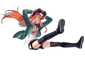 1girl belt black_belt black_boots black_shorts black_thighhighs boots floating full_body fur-trimmed_jacket fur_trim glasses goggles green_jacket hair_between_eyes highres jacket knee_boots long_hair looking_at_viewer open_clothes open_jacket open_mouth orange_hair persona persona_5 print_shirt red_eyes sakura_futaba shirt shorts simple_background smile solo thighhighs unworn_goggles white_background yomyompi