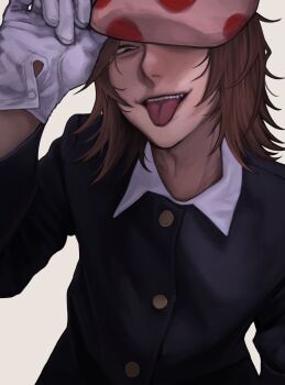 Rule 34 | 1boy, black eyes, black jacket, brown hair, collared shirt, commentary request, gloves, highres, jacket, long sleeves, looking at viewer, male focus, medium hair, one eye covered, randal's friends, randal ivory, rank xx7s, removing mask, shirt, smile, solo, teeth, tongue, tongue out, white gloves, white shirt