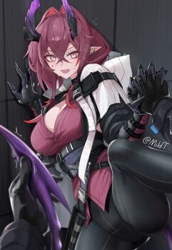 1girl 1other absurdres ambiguous_gender arknights ascalon_(arknights) breasts commentary crossed_bangs demon_horns demon_tail doctor_(arknights) hair_between_eyes hair_intakes highres horns interlocked_fingers large_breasts long_hair looking_at_viewer mildt open_mouth pasties pointy_ears pov purple_eyes purple_hair purple_shirt shirt solo_focus tail tail_grab twitter_username