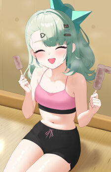 Rule 34 | 1girl, 4kebidayo, absurdres, black shorts, breasts, cleavage, food, green hair, hair ornament, hairclip, highres, holding, holding food, holding popsicle, long hair, midriff, navel, open mouth, pink sports bra, popsicle, shorts, small breasts, smile, solo, sports bra, sunna (zenless zone zero), thighs, yoga shorts, zenless zone zero