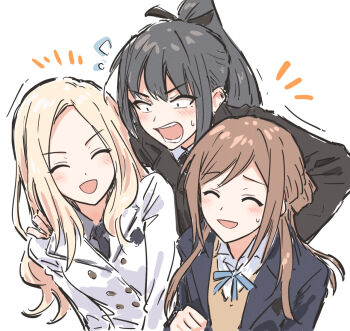 3girls :d ^_^ amaya_tsubame black_hair black_jacket black_necktie black_ribbon blazer blonde_hair blue_ribbon blush brown_hair brown_sweater buttons closed_eyes collared_shirt commentary constricted_pupils double-breasted dress_shirt gakuen_idolmaster grey_shirt hair_ribbon half_updo hand_on_another's_shoulder hatsuboshi_gakuen_school_uniform high_ponytail himesaki_rinami idolmaster jacket juo_sena long_sleeves mole mole_under_eye multiple_girls neck_ribbon necktie notice_lines open_clothes open_jacket open_mouth ponytail revision ribbon school_uniform shirt sidelocks smile sweatdrop sweater swept_bangs teeth upper_body v-neck v-shaped_eyebrows white_jacket white_shirt yukitake_(bullfalk)