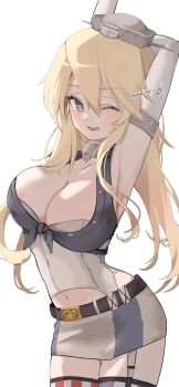 Rule 34 | 1girl, absurdres, american flag legwear, armpits, arms up, belt, blonde hair, blue eyes, blush, breasts, cleavage, commentary, detached sleeves, front-tie top, garter straps, hair between eyes, headgear, highres, iowa (kancolle), kantai collection, large breasts, long hair, looking at viewer, navel, one eye closed, open mouth, raymie0124, signature, skirt, sleeveless, solo, star-shaped pupils, star (symbol), symbol-shaped pupils, thighhighs